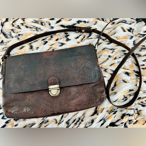Dark brown tooled leather crossbody bag - Picture 1 of 8